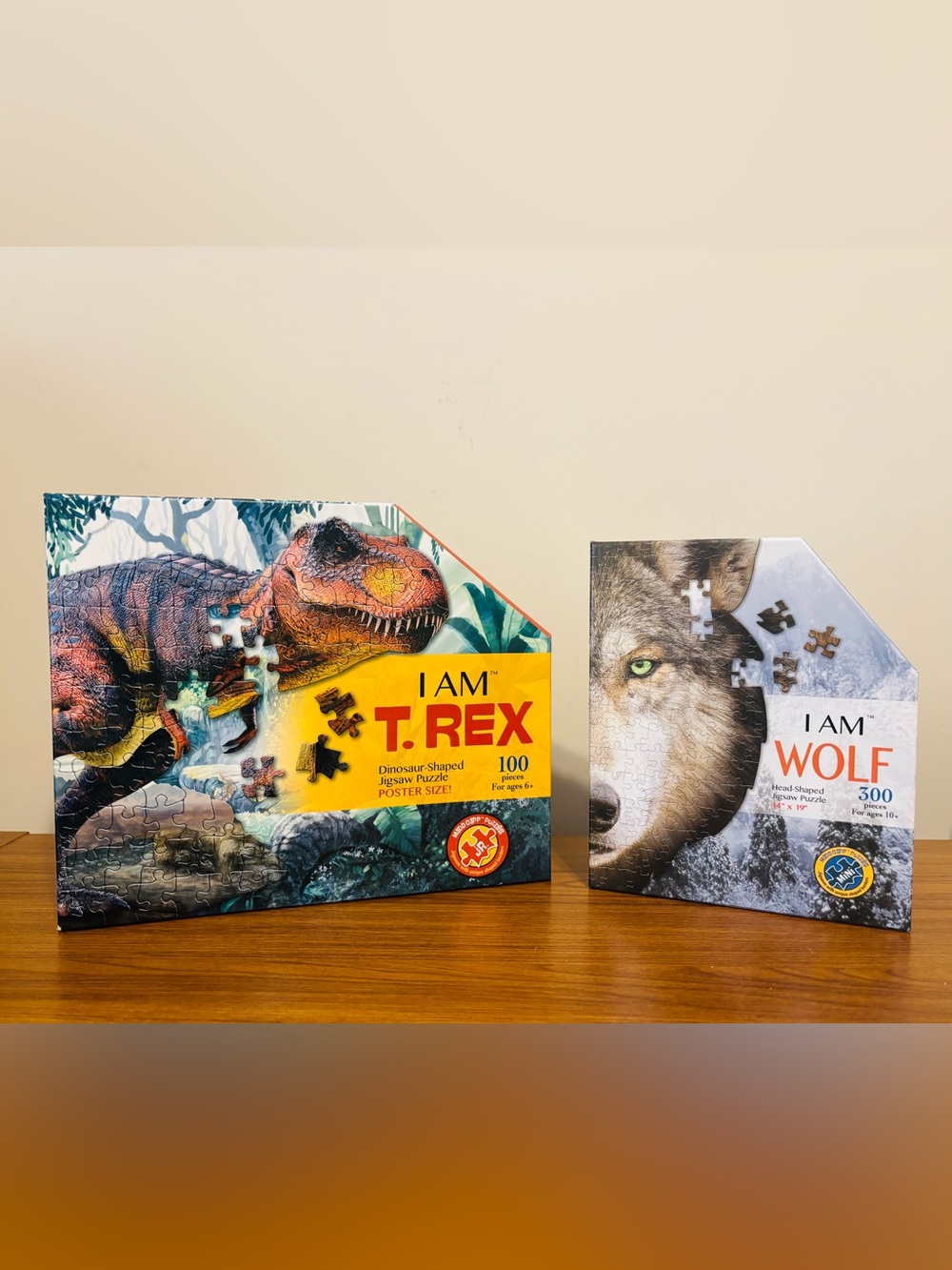 "I AM WOLF" 300 PC HeadShaped Jigsaw Puzzle 14x19 & “I AM T-REX 100 PC 29x30 EUC